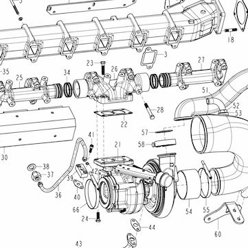Прокладка турбины со стороны выпускного коллектора прямоугольная WD615 Евро-2/3 HOWO (Хово) — положение на схеме Впускной и выпускной коллекторы  D12 Euro2