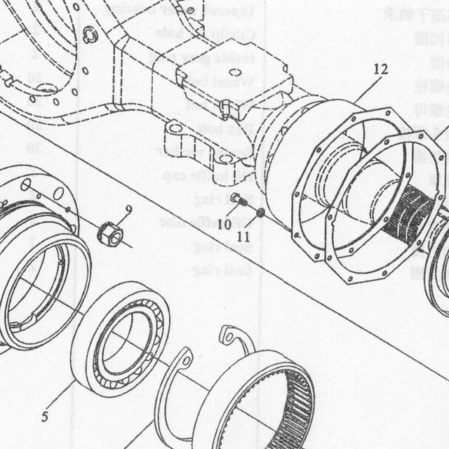 Болт пластины стопорной гайки проходного вала M8x16 (HanDe Axle) HDZ300/5.262 — положение на схеме Редуктор планетарный колесный заднего моста (I)