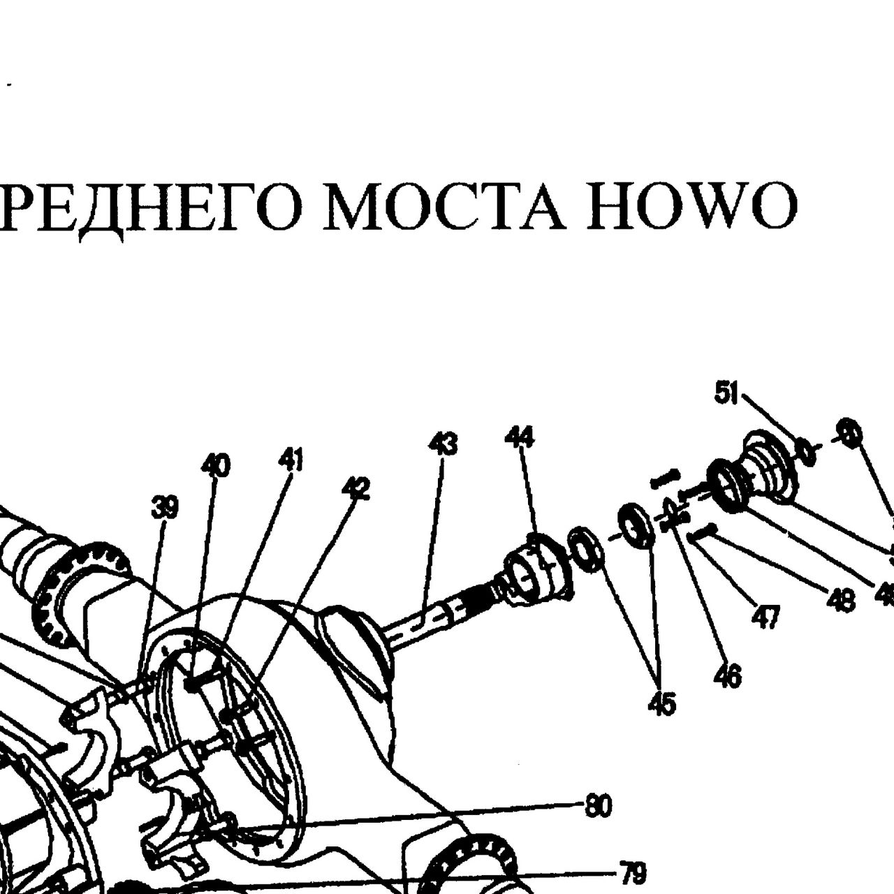 Вал проходной среднего моста STEYR мелкий шлиц HOWO (Хово) AZ9231320031/199114320031 — положение на схеме Механизм привода среднего моста (Редуктор, дифференциал)