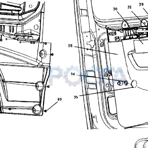 Стекло двери HOWO A7 опускное правое — положение на схеме Дверь кабины