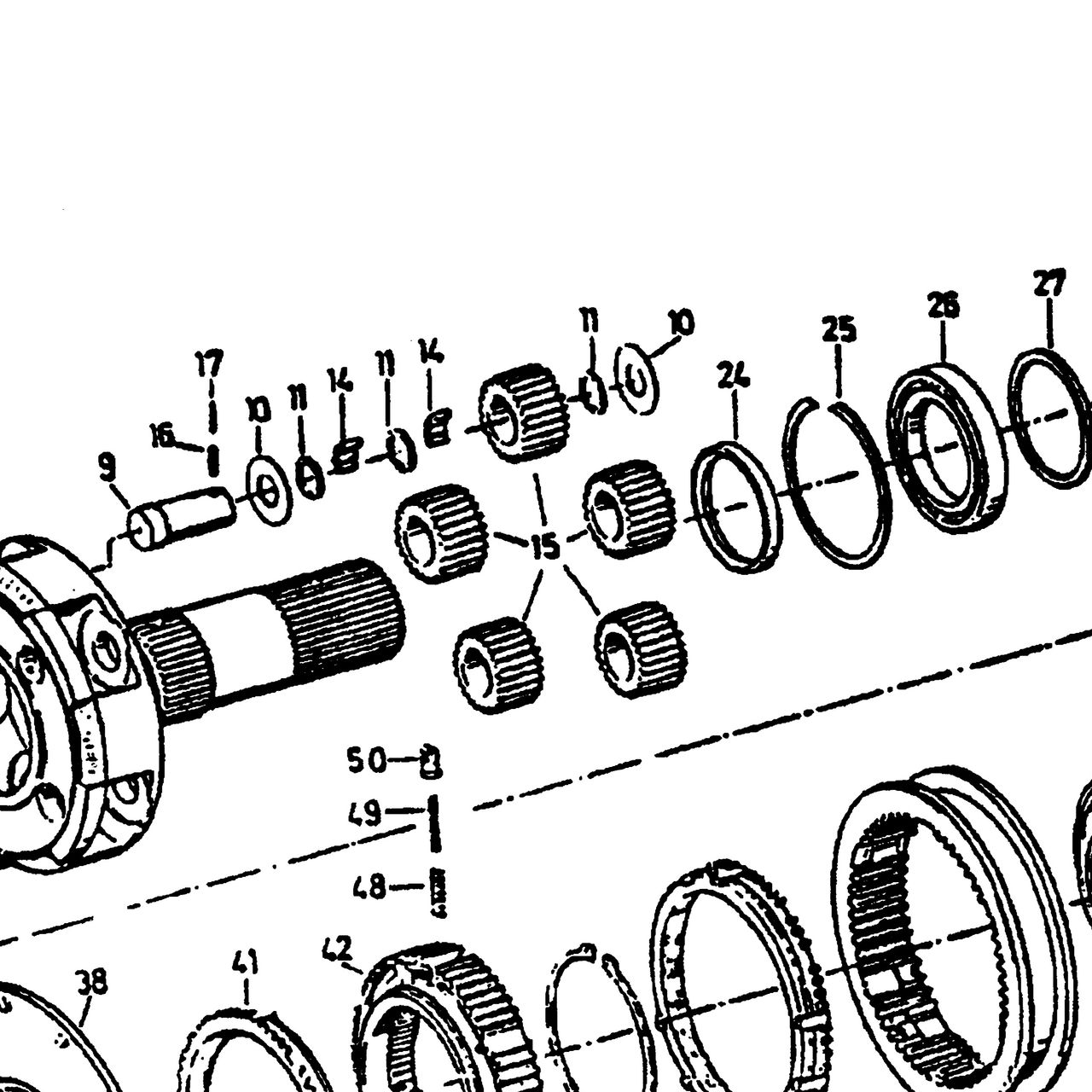 Сателлит планетарного механического делителя КПП ZF 5S-111GP HOWO (Хово) — положение на схеме Шестерни демультипликатора