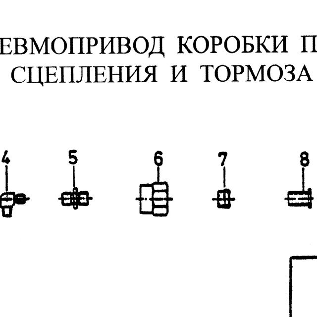 Гайка накидная штуцера — положение на схеме Пневмопривод КПП сцепления и тормоза Fuller